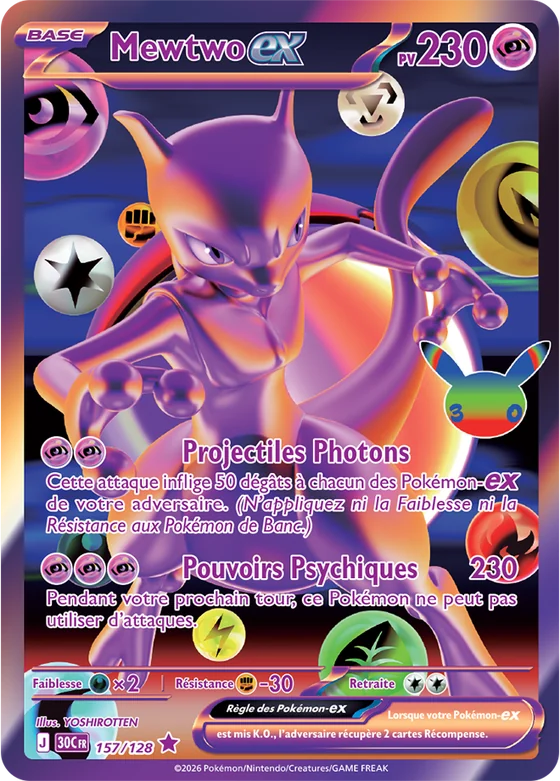 Carte Pokémon Mewtwo-ex 157/128 en rareté futuriste rare, illustrée par YOSHIROTTEN