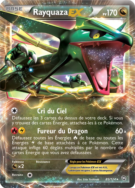 Carte Rayquaza EX 85/124 de l'extension Dragons Exaltés, version originale de 2012