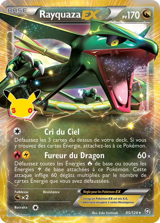 Carte Rayquaza EX réimprimée dans l'extension 30e Anniversaire, avec le tampon Pikachu 30 ans