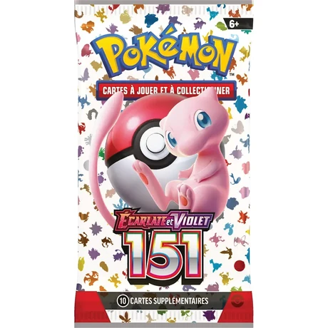 Booster Pokémon Écarlate et Violet 151 avec Mew sur l'emballage, mention 10 cartes supplémentaires