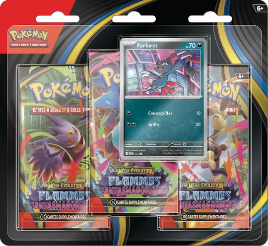 Tripack Pokémon Flammes Fantasmagoriques ME02 avec carte promo visible sous blister