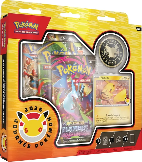Coffret Journée Pokémon 2026 avec trois boosters, une carte promo Pikachu et une pièce