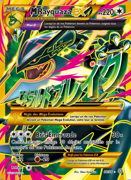 Carte M-Rayquaza EX numéro 98 de l'extension XY Origines Antiques, 220 PV, attaque Bris Émeraude