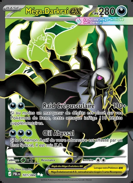 Carte Méga-Darkrai ex de l'extension Nuit Noire, 280 PV, attaques Raid Crépusculaire et Œil Abyssal