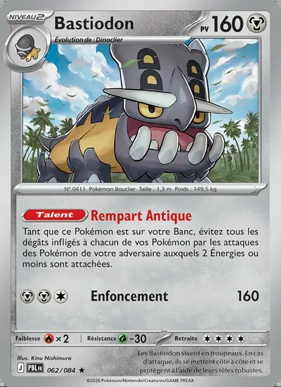 Carte Pokémon Bastiodon, 160 PV, mention NIVEAU 2 et Évolution de Dinoclier