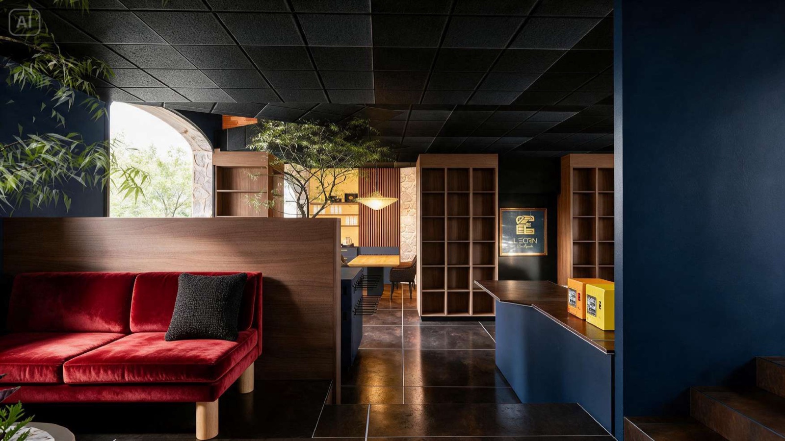 Salon et rayonnages de la future boutique de Riom