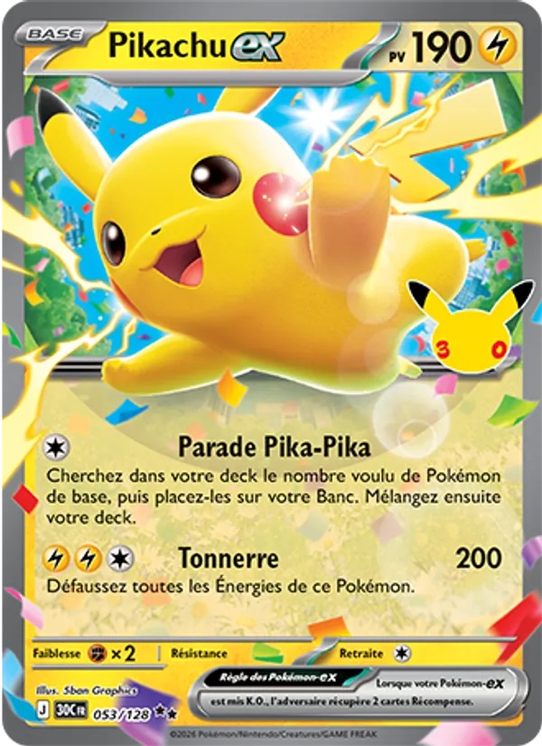 Pikachu-ex 053/128 - 30ᵉ Anniversaire - Pokémon JCC